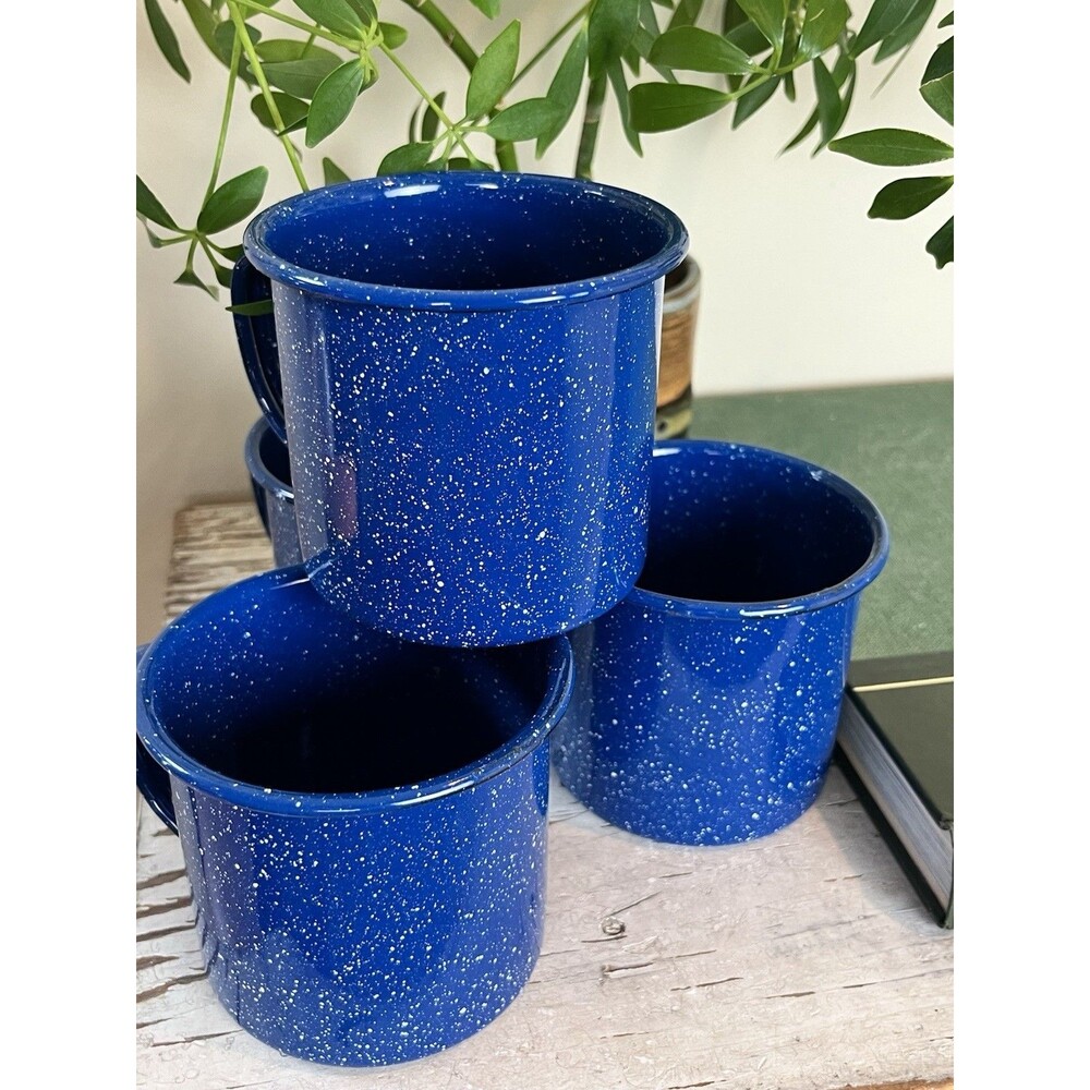 Vintage Blue Speckled Enamelware Metal Coffee Cups Mugs Set Of 4, Cabin Camping - Picture 7 of 8